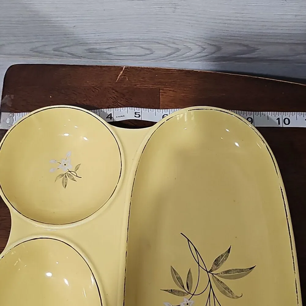 Vintage MCM Yellow 3-Section Divided Relish Dish Serving Tray White Floral Gold